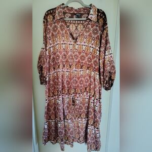 Mlle Gabrielle Boho Southwestern Paisley Artsy Collared Lagenlook Maxi Dress 3X